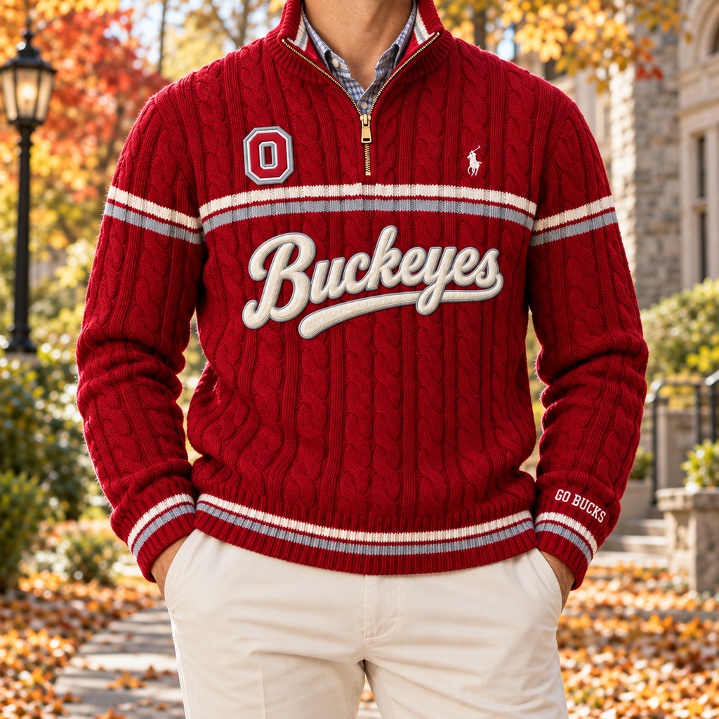 OSB PREMIUM Varsity Cable-Knit Quarter-Zip Sweater NHVH