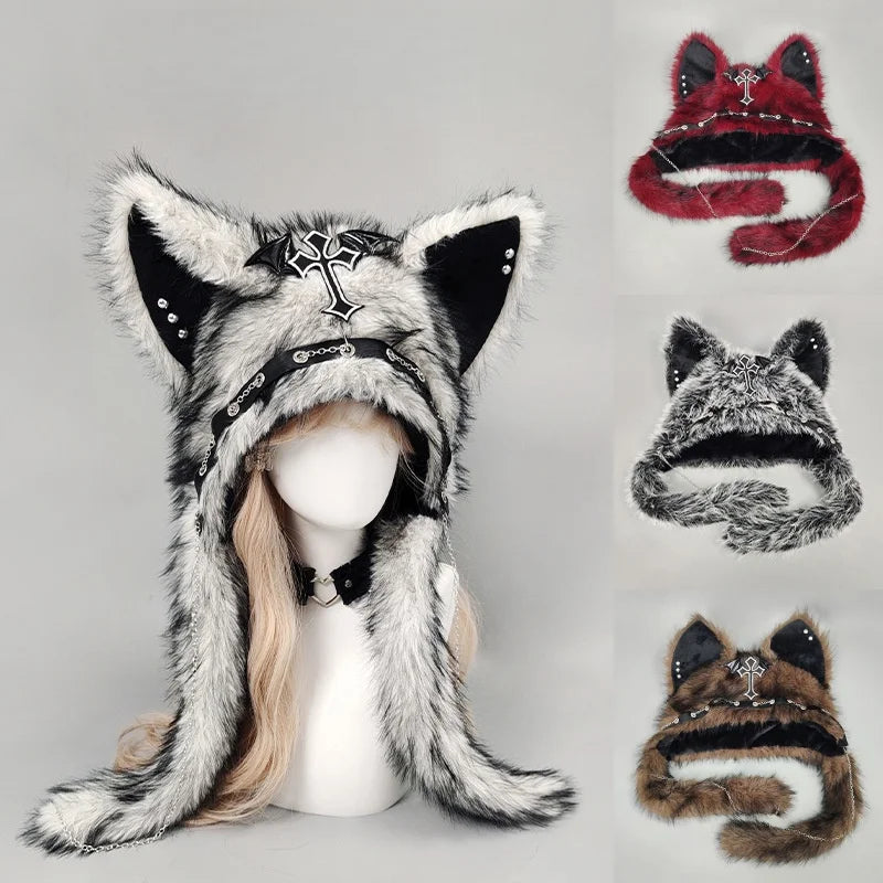 Dark Series Gothic Plush Hat Y2K Cross Metal Style Headwear Cosplay Cat Ear Hat Halloween Punk Rock Warm Cap for Women Men Child