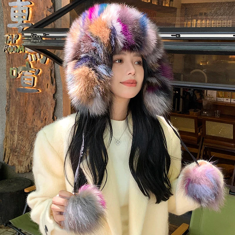 Real Mink Fur Hat with Fox Fur Ball for Women Russian Autumn Bomber Hats Earmuffs Protective Cap Winter Warm