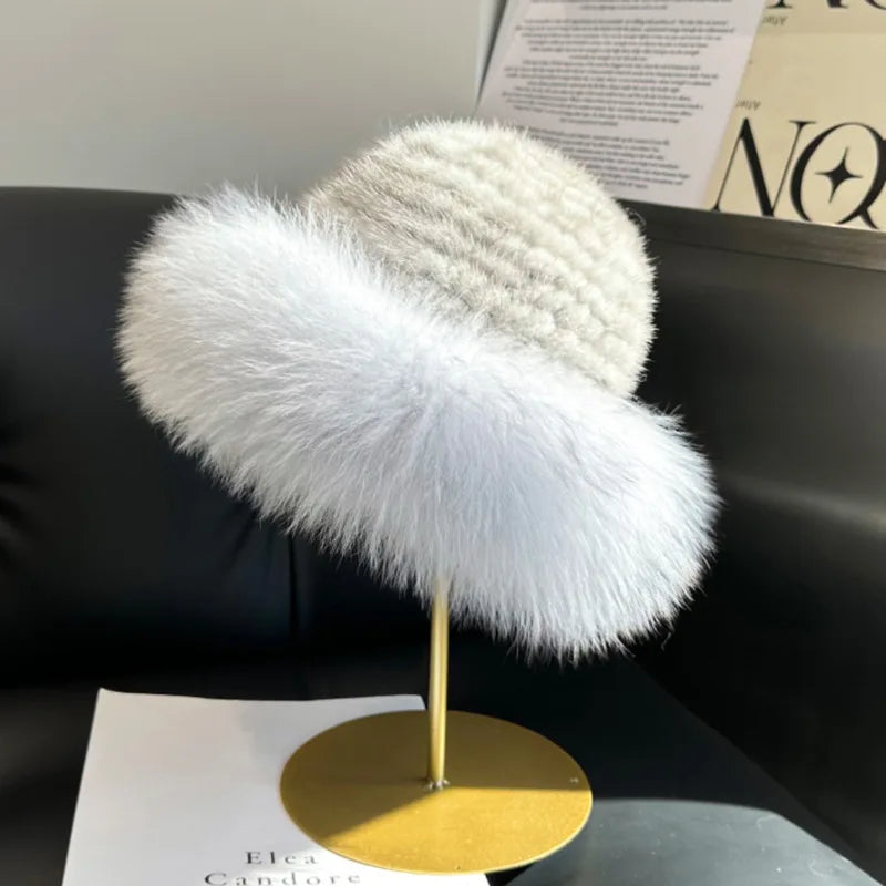 Real Mink Fur Hat For Women Winter Fashion Fisherman Hat Natural Mink Fur Hat With Fox Fur Beanies Russians Knitted Bomber Hat