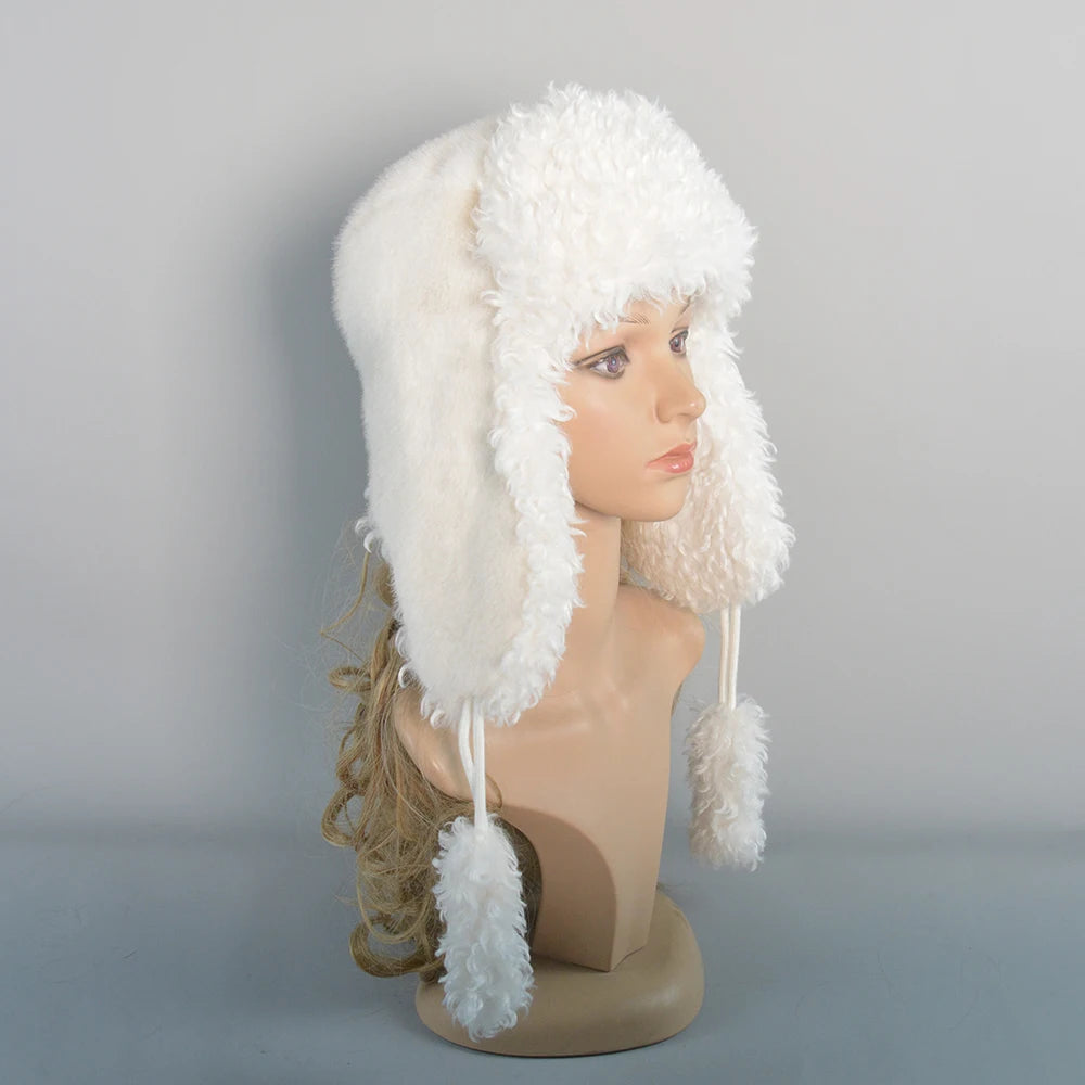Real Fur Wool Hat Unisex New Winter Warm Bomber Russian Ushanka Hats With Ear Flaps Cow Leather Thick Snow Earflaps Baseball Cap