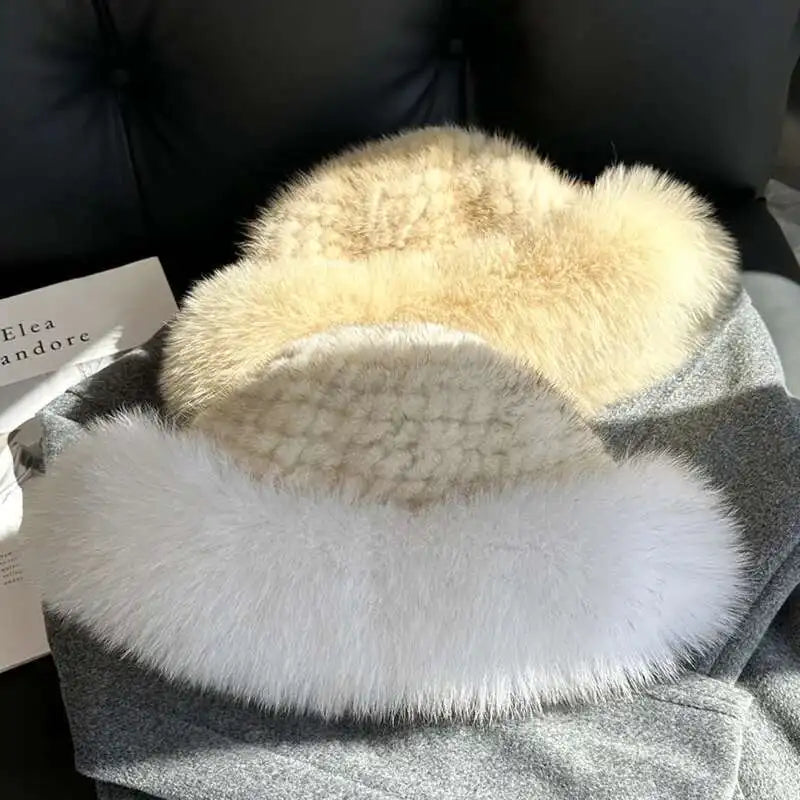 Real Mink Fur Hat For Women Winter Fashion Fisherman Hat Natural Mink Fur Hat With Fox Fur Beanies Russians Knitted Bomber Hat