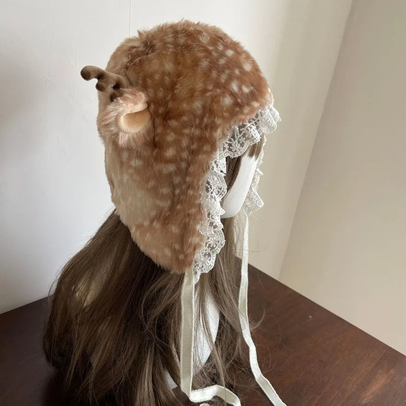 1 Piece of Plush Deer Lace Ear Protection Hat for Christmas Party, Winter Outings, Soft and Warm Material, Cute and Exquisite