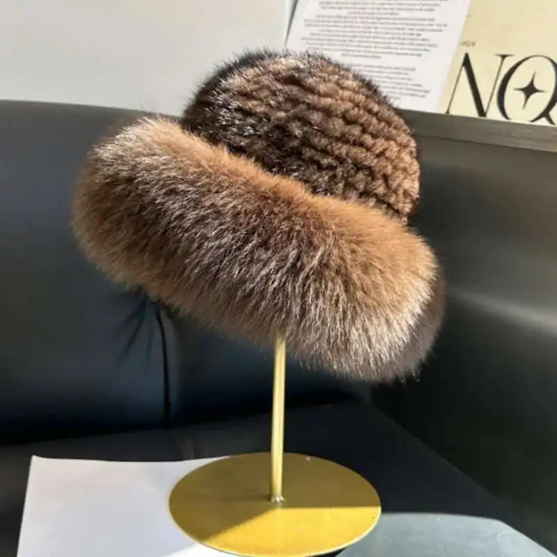 Real Mink Fur Hat For Women Winter Fashion Fisherman Hat Natural Mink Fur Hat With Fox Fur Beanies Russians Knitted Bomber Hat