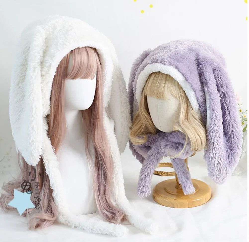 Japanese Sweet Loppy Bunny Eared Rabbit Cap Lolita Earmuffs Cap Fluffy Warm Winter Fleece Hats